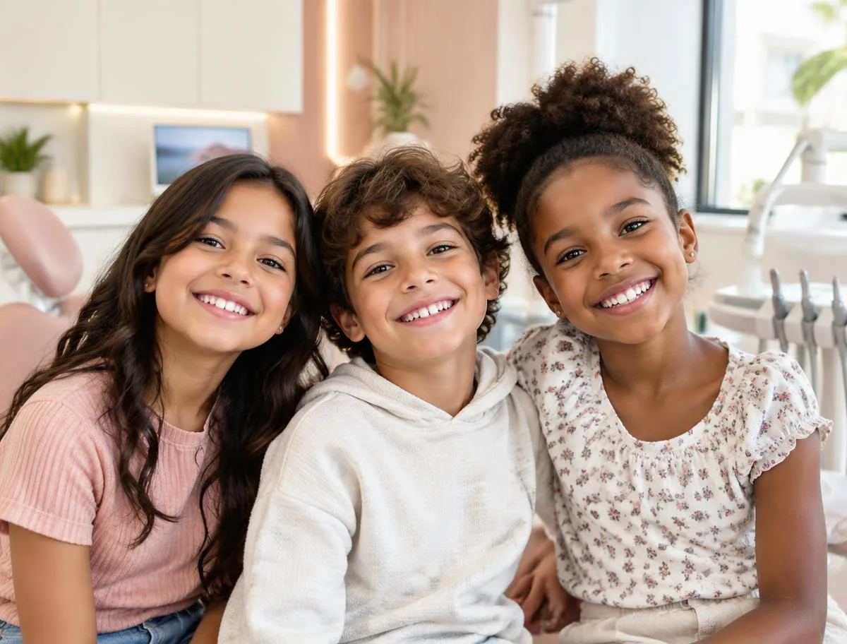 Crianças sorrindo em consultório odontológico